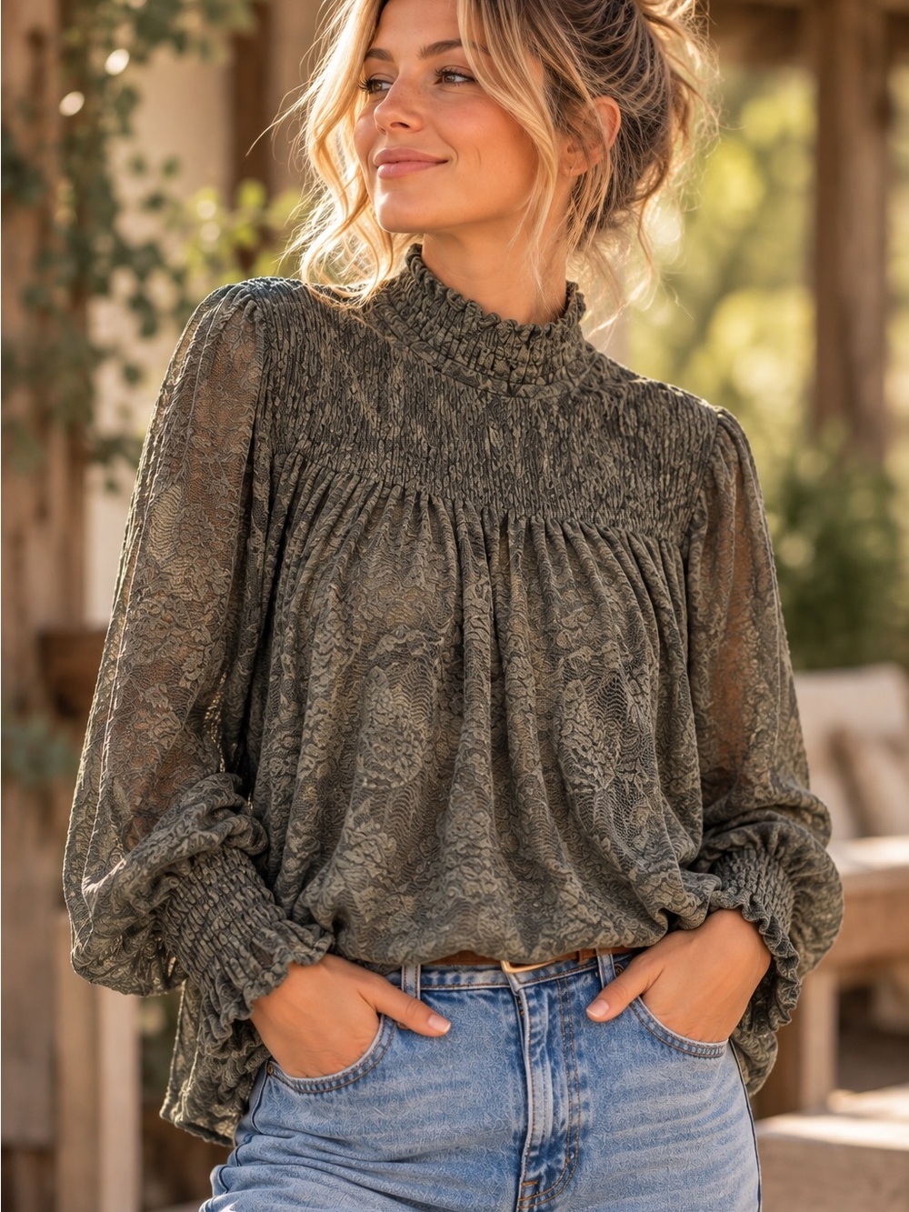 Anthropologie Deletta Amanna olive Lace Smocked Mock Neck Blouse L